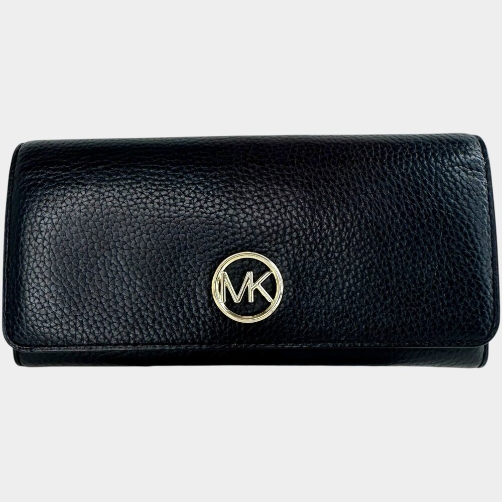 Michael Kors Fulton Continental Flap Clutch Long Wallet Black Logo Gold Leather
